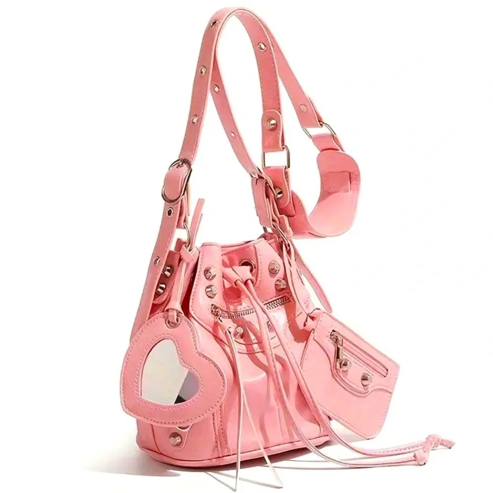 Pink Rivet Pleather Bucket Bag w/Shoulder Strap, Pouch, & ❤️ Shaped Mirror, NWOT